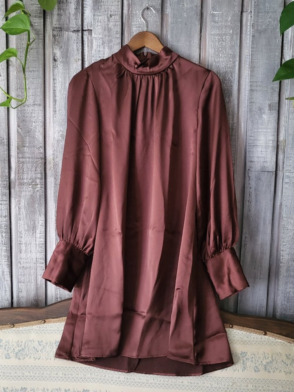 Brown Satin Mock Neck Dress Medium Long Sleeve Blouse Top
